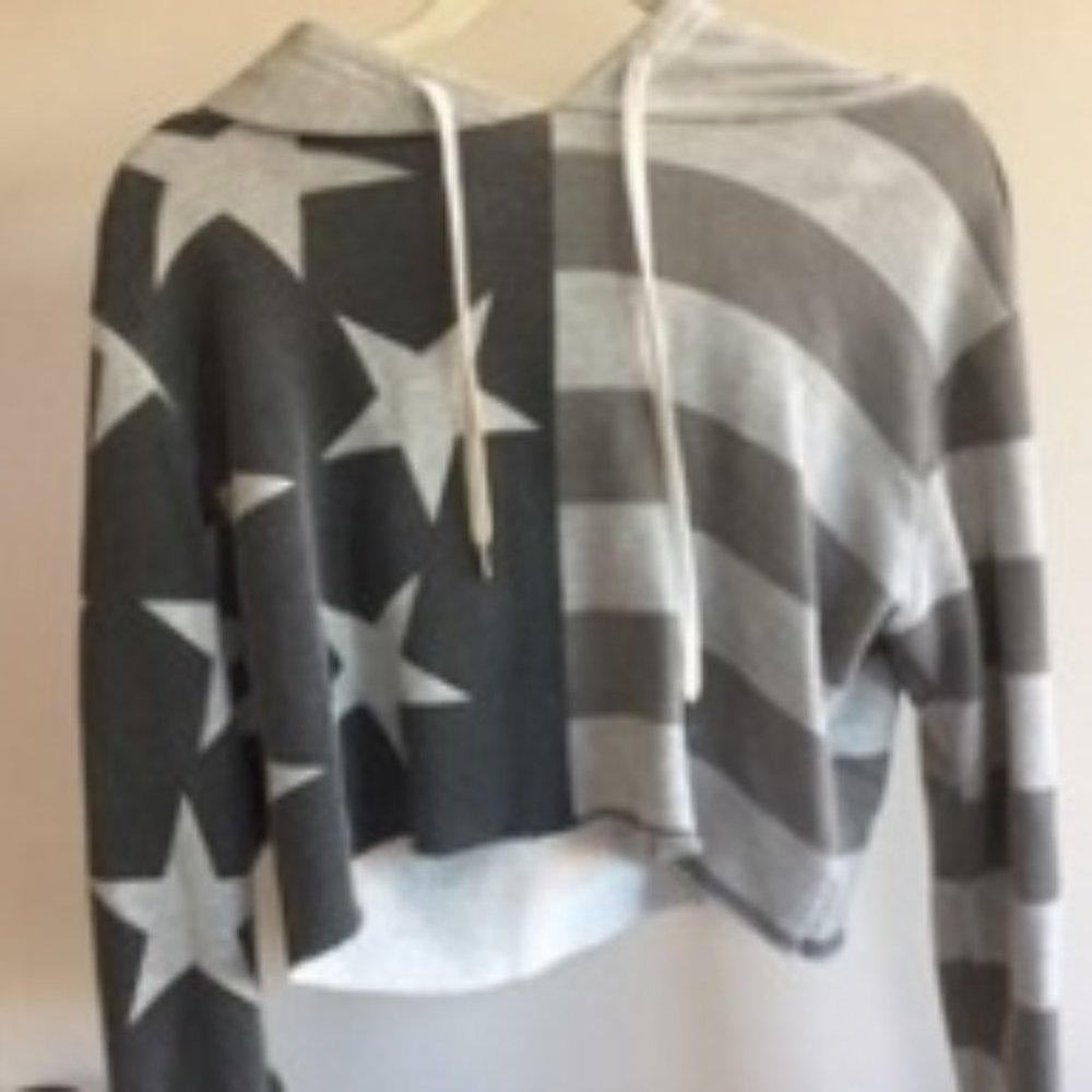 ☆ American Flag Grey Cropped Hoodie Sweatshirt ☆